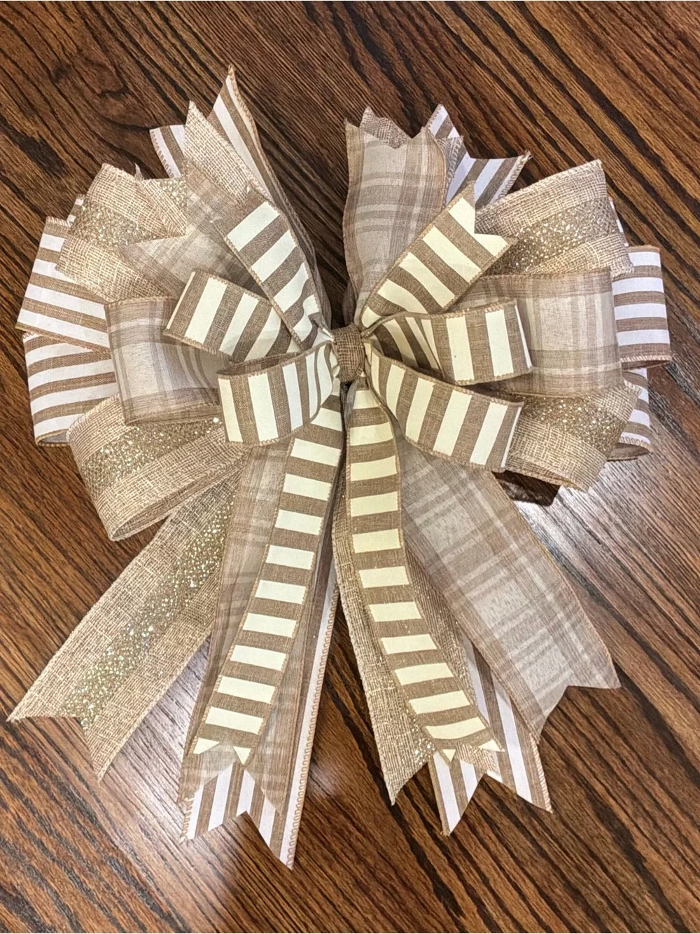 Neutral Beige Holiday Garland Bow - Decorative Ribbon Accent